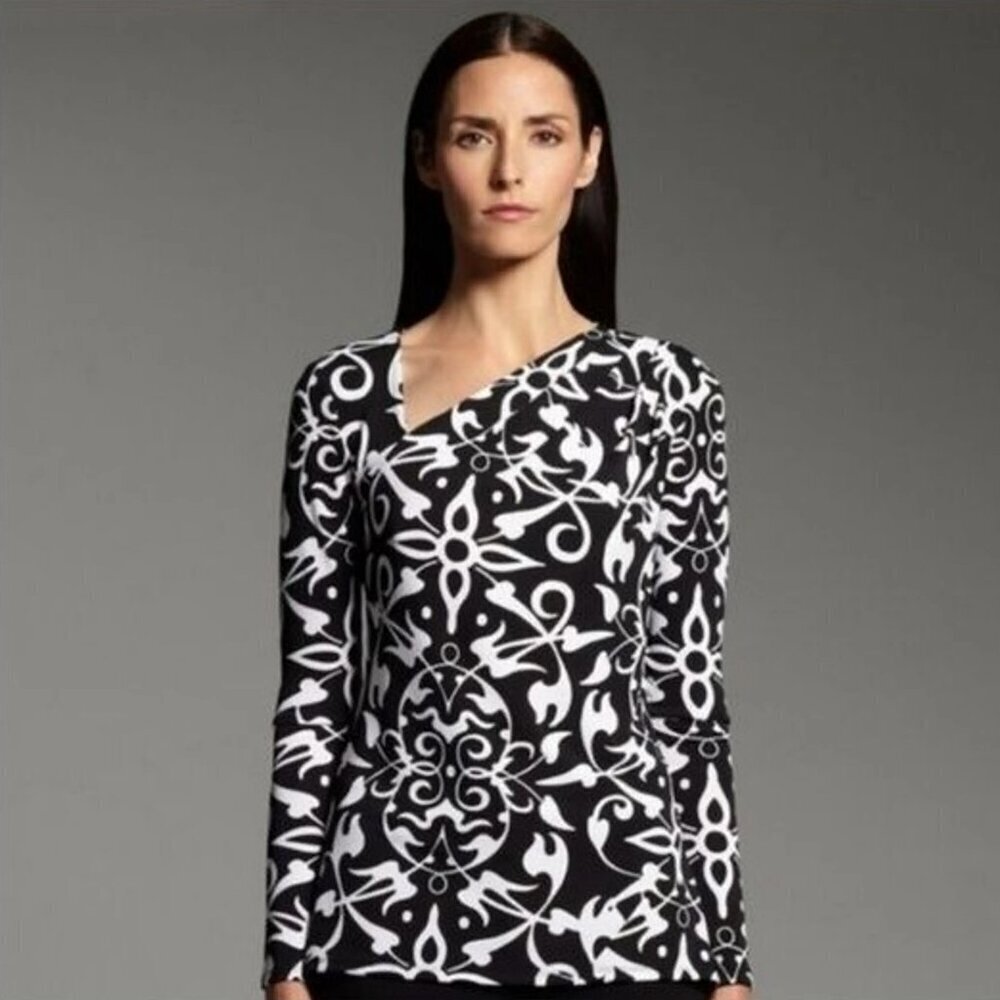 Narciso Rodriguez Black White Floral Asymmetrical Neck Long Sleeve Blouse Size L